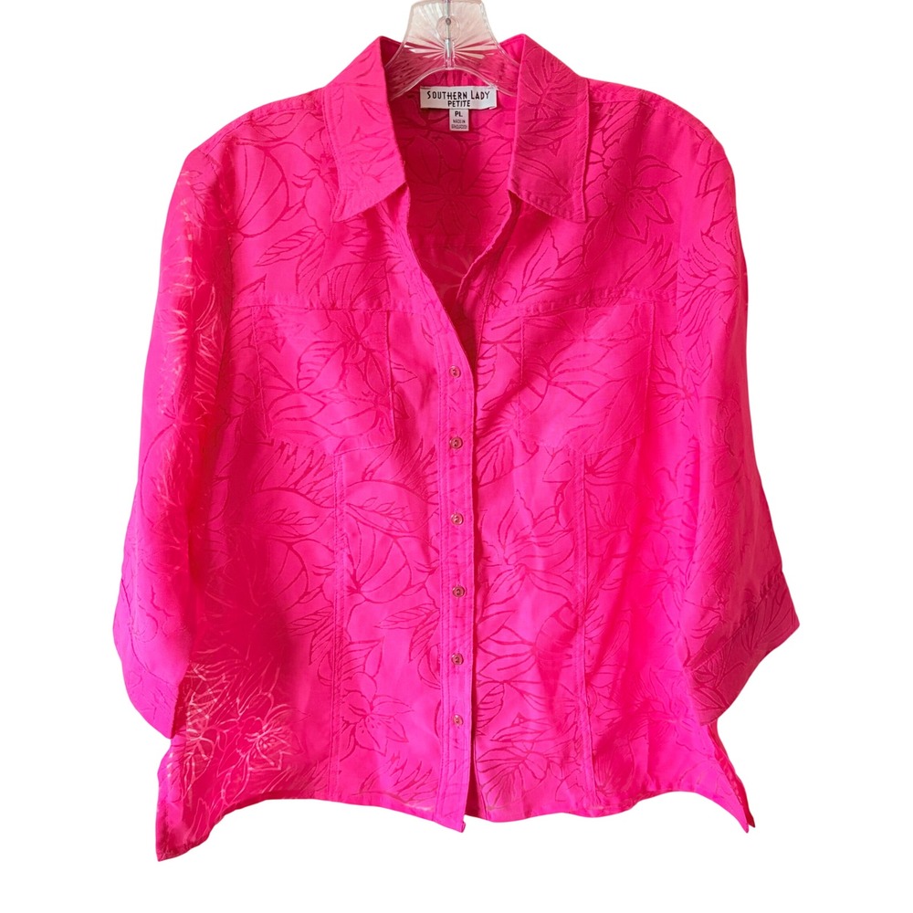 Southern Lady Petite Hot Pink Tropical Floral Jacquard Sheer Button Shirt PL L